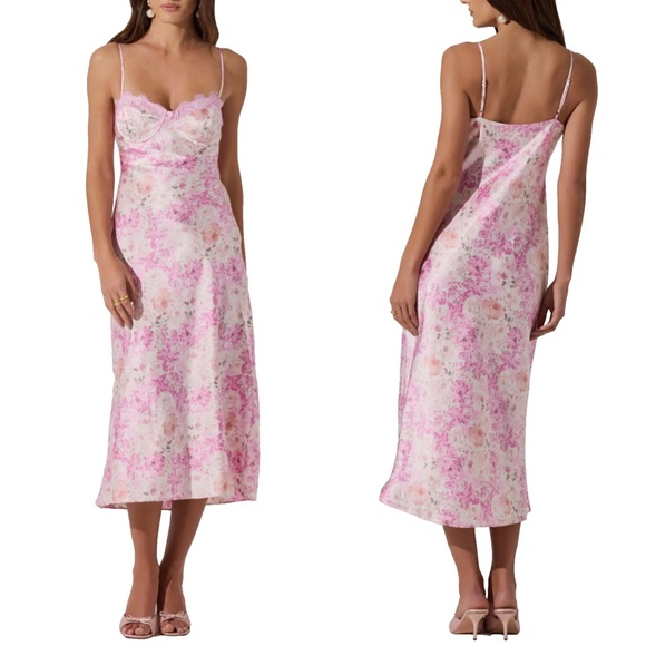 NEW ASTR The Label PINK FLORAL Lace Trim SATIN Slip MIDI DRESS M - Picture 1 of 13